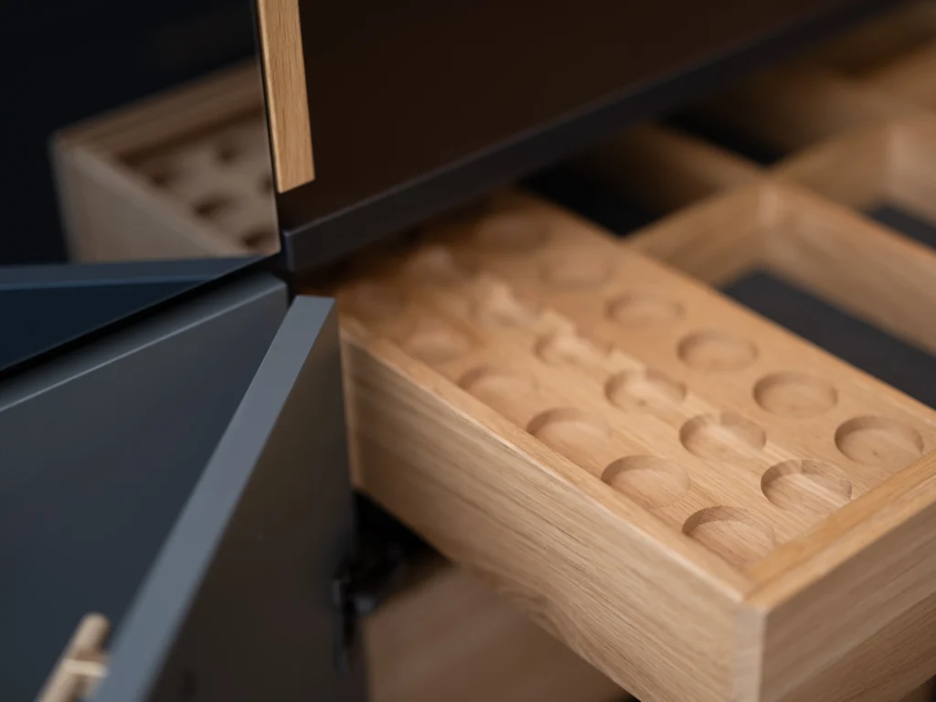 Nahaufnahme eines modernen Möbelstücks mit heller Holzschublade und dunklen, glatten Paneelen.