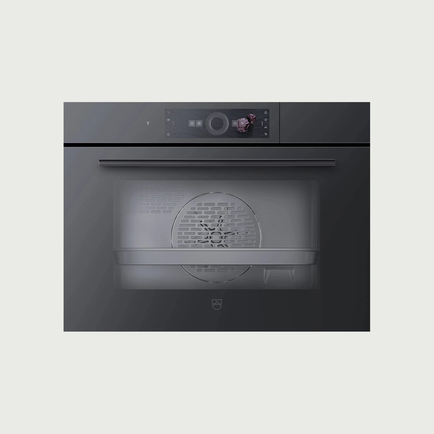 Moderner, dunkler Backofen mit großem Sichtfenster und Bedienfeld, Teil einer stilvollen Küche.