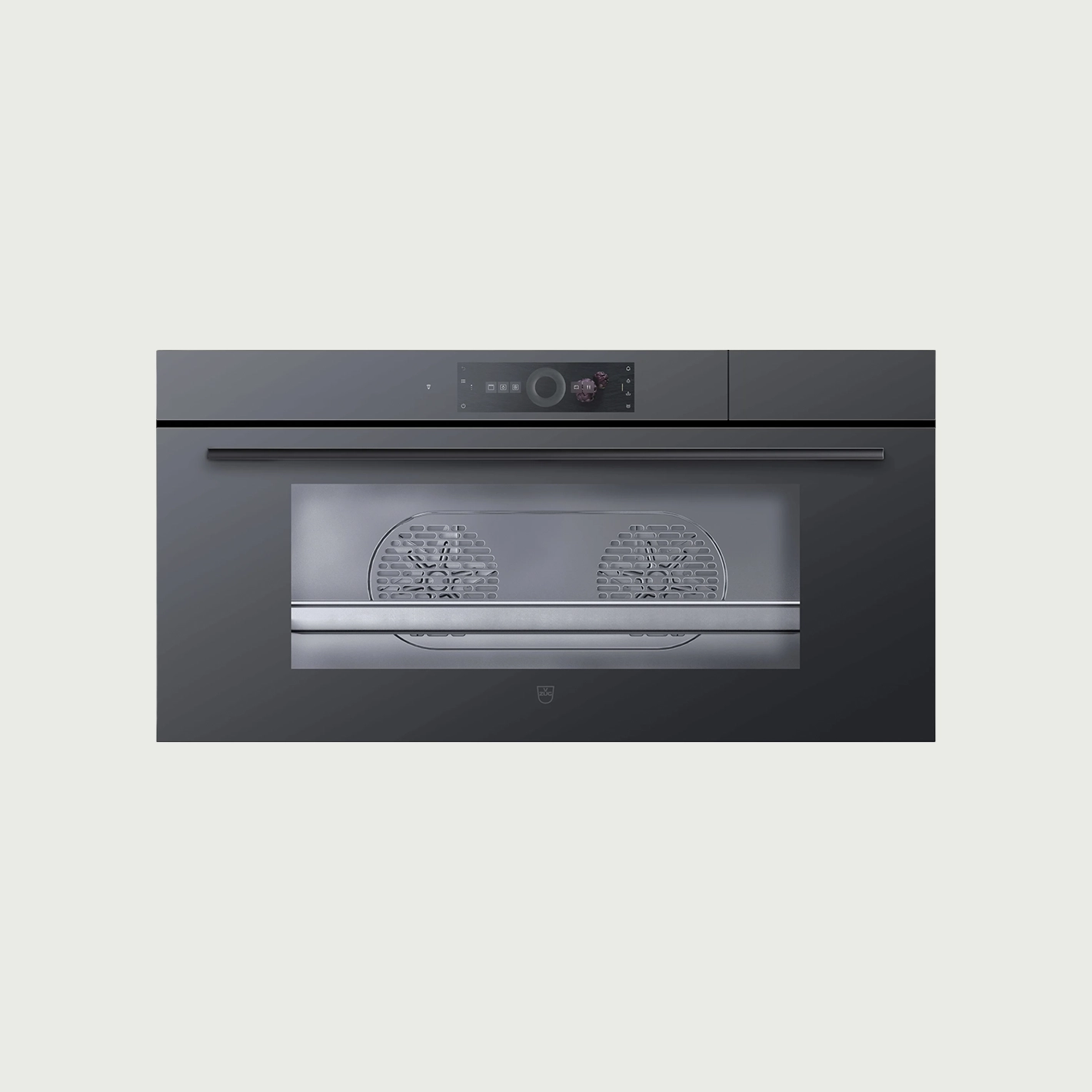 Moderner Einbauofen in Schwarz und Grau mit glatter, glänzender Oberfläche und Glasfenster.