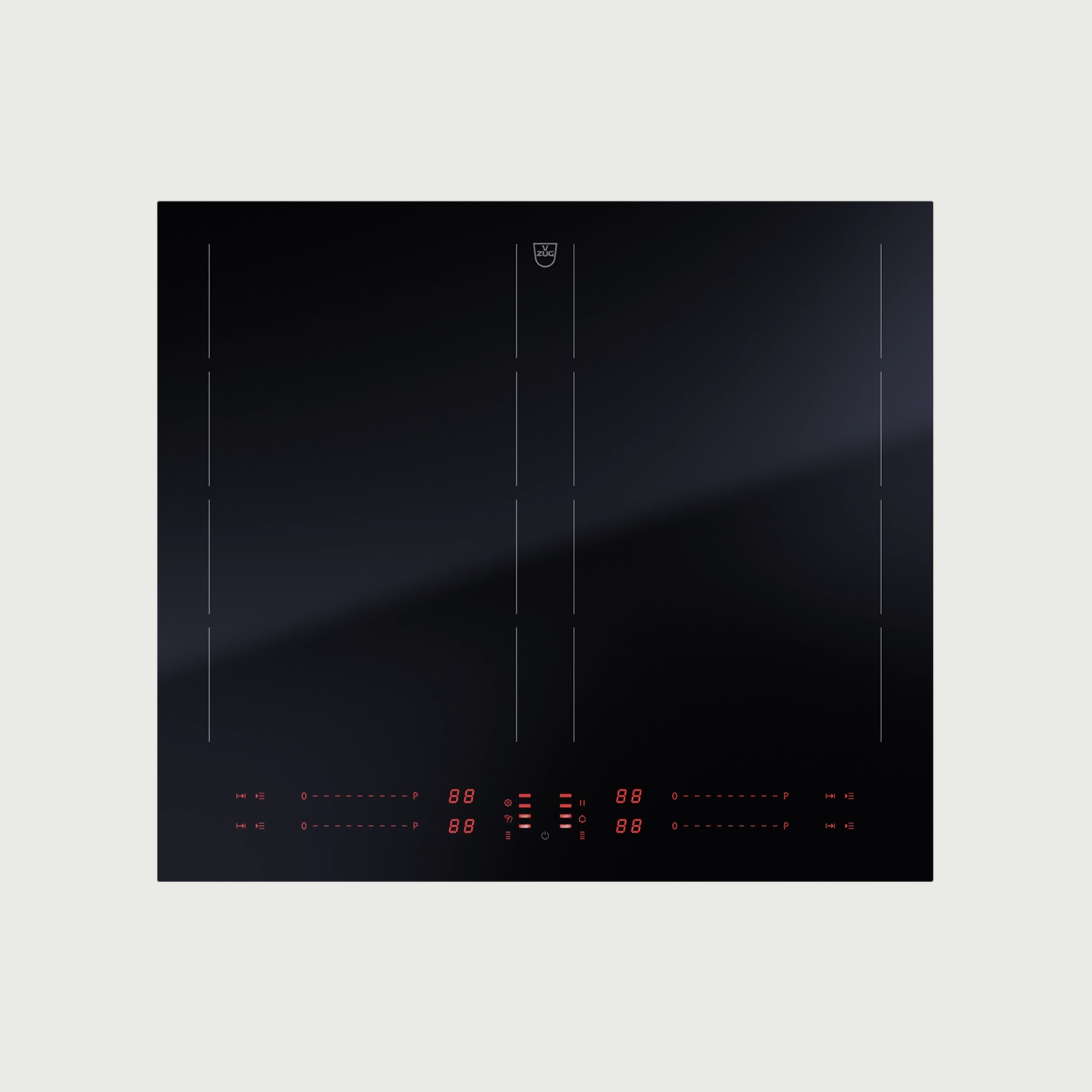 Modernes schwarzes Induktionskochfeld mit roten digitalen Anzeigen und mehreren markierten Kochzonen.