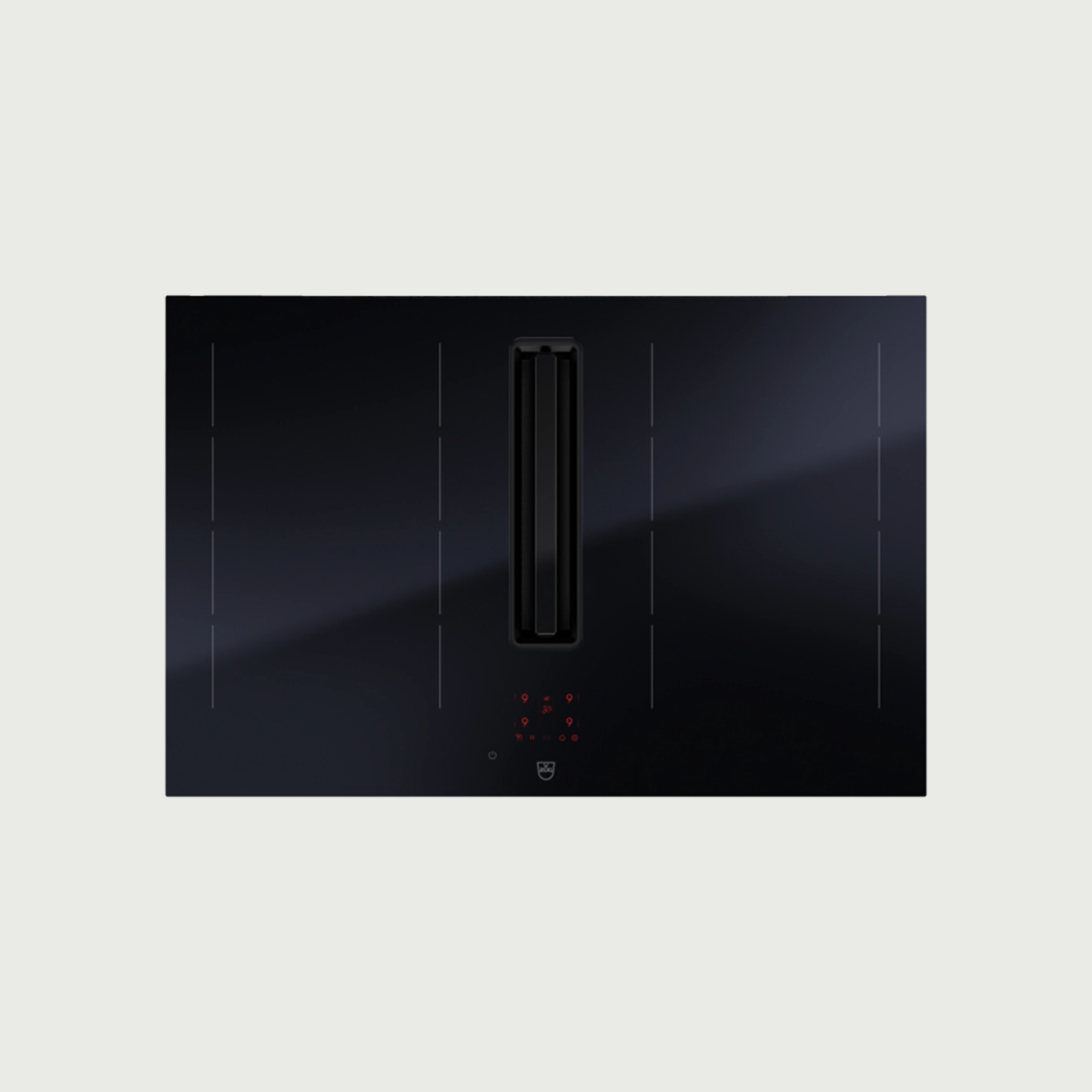 Modernes schwarzes Induktionskochfeld mit integriertem Dunstabzug und digitalen Bedienelementen.