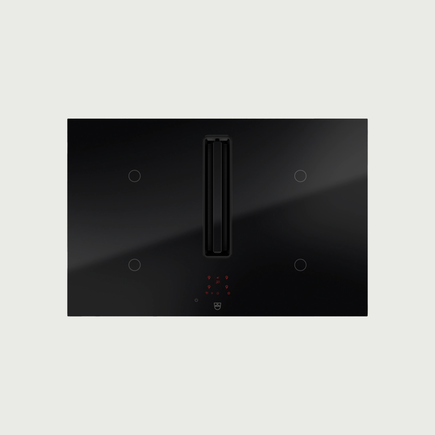 Moderne schwarze Induktionskochplatte mit integriertem Dunstabzug und roten LED-Bedienanzeigen.
