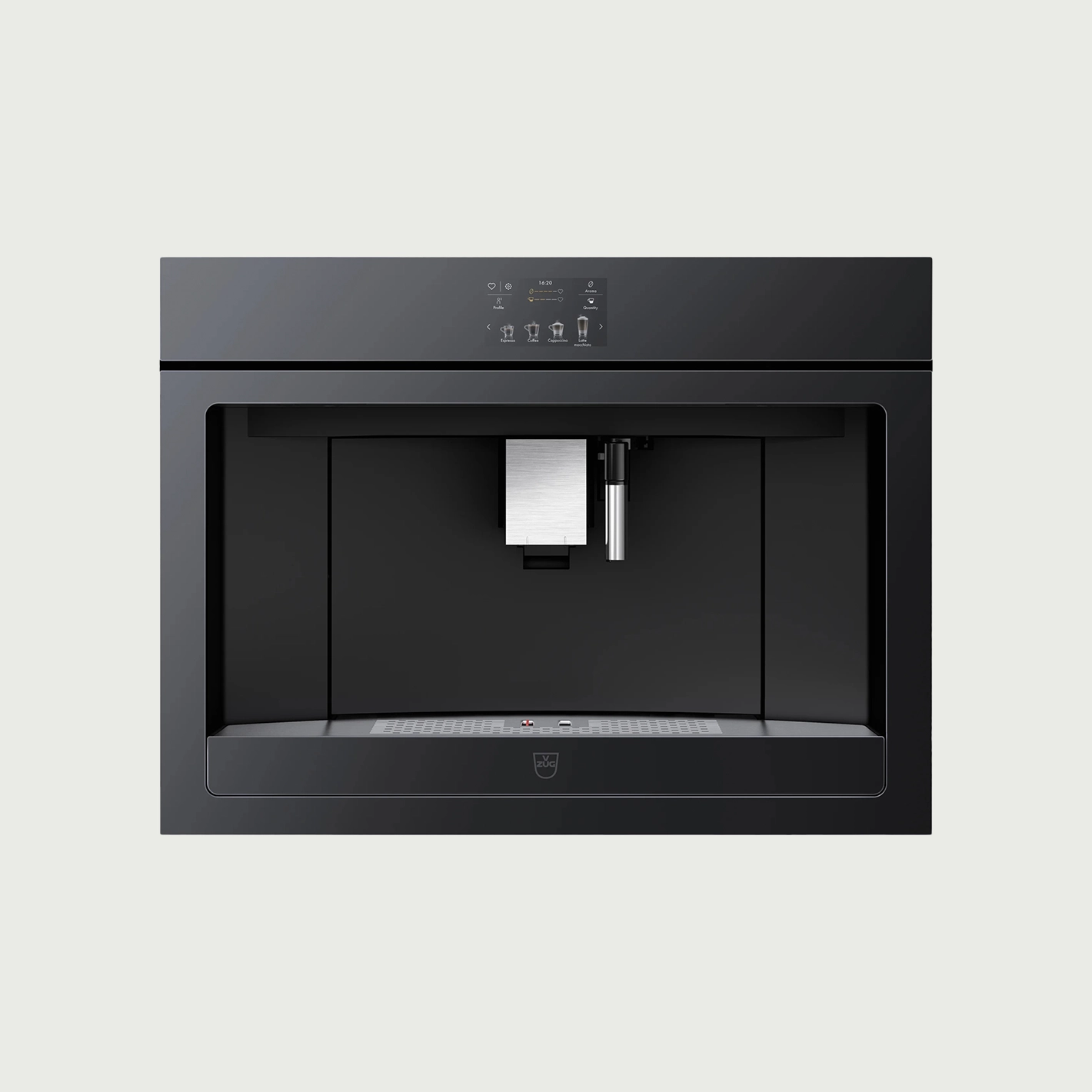 Moderne schwarze Einbau-Kaffeemaschine mit silbernen Akzenten, in inaktivem Zustand, elegant und funktional.