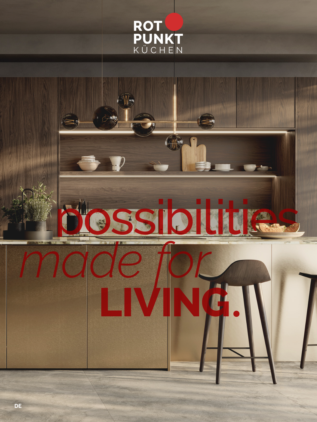 Moderne Küche mit goldener Insel, dunklen Holzbarhockern und warmem Licht, elegant und einladend.