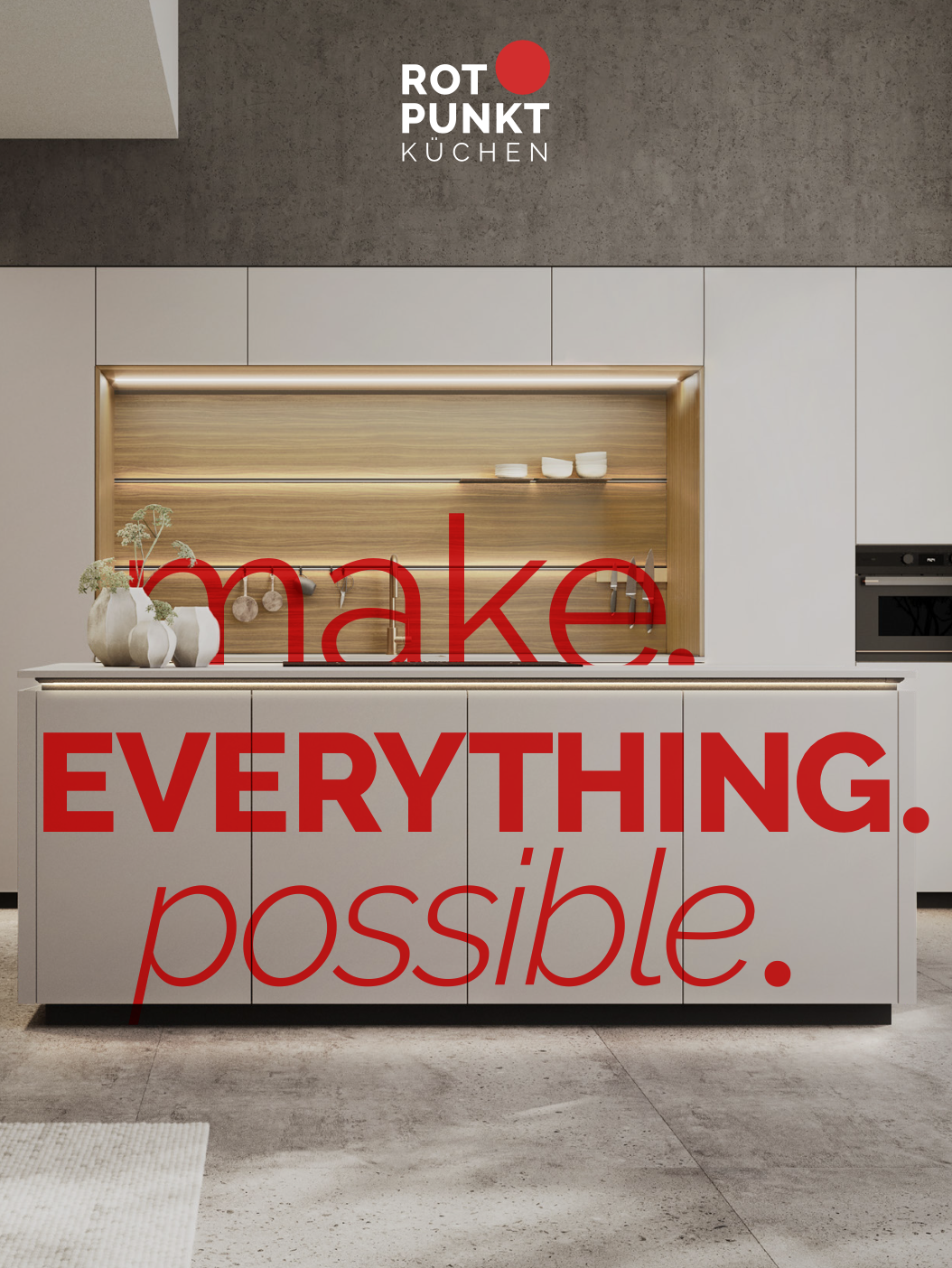 Moderne Küche mit neutralen Tönen, glatten Oberflächen und roten Akzenten, ohne Personen.