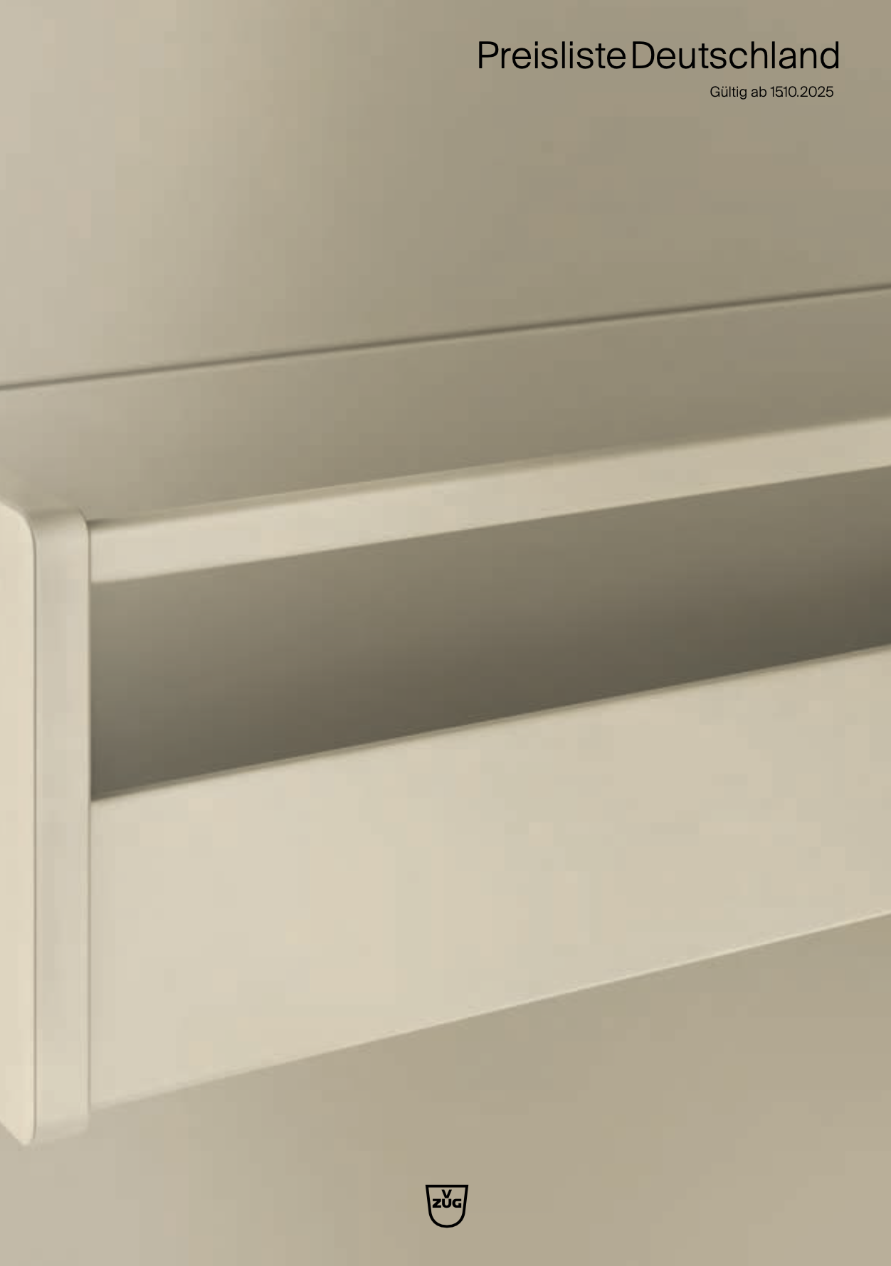 Minimalistisches Möbelstück in Beigetönen, Cover einer Preisliste für hochwertige Inneneinrichtung.