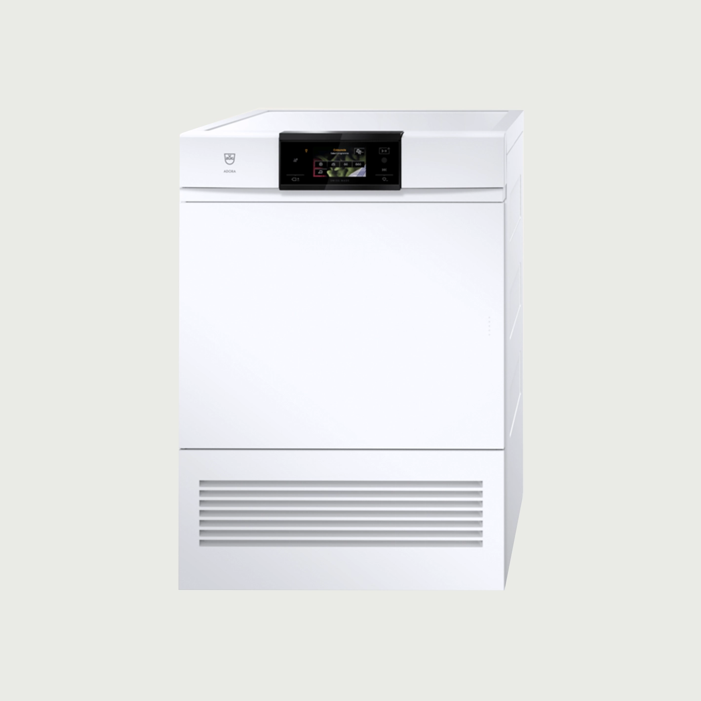 Ein moderner, weißer Wäschetrockner mit schwarzem Display, geeignet für eine stilvolle Waschküche.